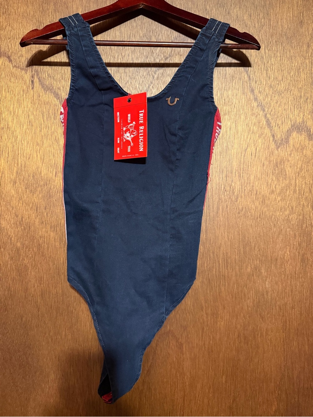 True Religion Navy One-Piece with Red Logo Side Panels XS bodysuit